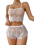 SweatyRocks Women's 2 Piece Sheer Floral Lace Lingerie Set Cami Bralette with Boy Short Set Underwear Floral White M