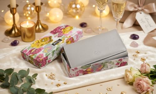 Image of Women's Top Grain Leather Wallet, RFID Blocking Bifold clutch, 17 Card Slots, Zip Pocket Organizer, Elegant Gift for Women - Birthday, Valentine, Anniversary - ICE GREY