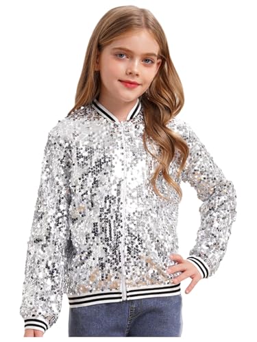 Girls Sparkle Sequin Bomber Jacket Glitter Striped Zipper Jackets Long Sleeve Coat with Stripe Ribbed Cuffs4