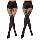Pularlegs Faux Thigh High Tights - Mock Suspender Fishnet Stockings for Women, Gothic Striped Opaque Pantyhose, High Waist Over-The-Knee Goth Leggings (One Size, Suspender + Striped)