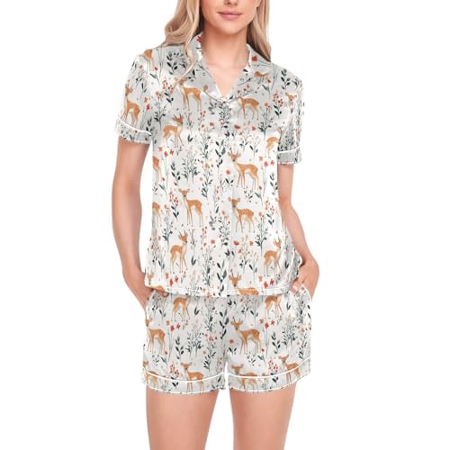 Pyjama de Noël en satin blanc à motif cerf pour veillée festive
