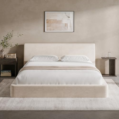 Image of RECCI AirFrame California King Bed Frame with Ergonomic Angled Headboard, 360 Cushioned Platform Bed Frame, Low Profile Minimalist Soft-Frame Bed, No Box Spring Needed, Easy Assembly, Beige Chenille