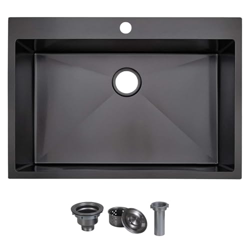 Image of 33x22 Drop In Kitchen Sink, Gunmetal Black 16 Gauge Stainless Steel Topmount Single Bowl, Modern Handmade 9 Inch Deep Kitchen Laundry Utility Sink