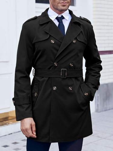 Image of Makkrom Men's Trench Coat Slim fit Double Breasted Notched Lapel Belted Windbreaker Long Jacket Casual Windproof Overcoat