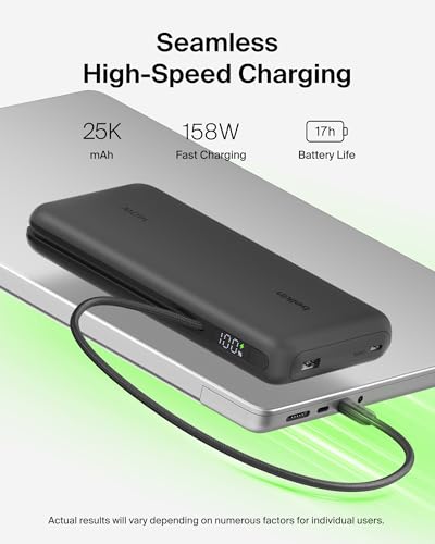 Image of Belkin Portable Charger 25K, Power Bank with Integrated USB C Cable, 158W - Fast Charging Laptop Portable Battery Pack for MacBook Pro 14, iPhone 17 Series, iPad Pro, Galaxy S26, & More - Black