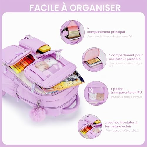 Cartable Fille Primaire Violet Amythe - Sac à Dos Scolaire du CP au Collège - 4