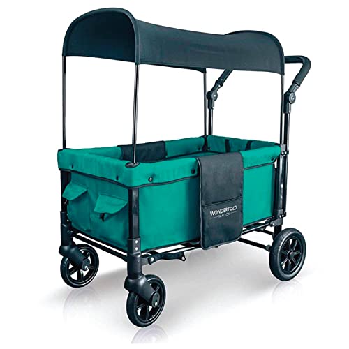 WONDERFOLD W1 Original Double Stroller Wagon Featuring 2 Face-to-Face Seats with 5-Point Harnesses, Adjustable Push Handle, and Removable UV-Protection Canopy, Teal Green
