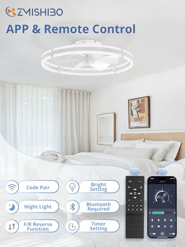 Image of ZMISHIBO 24 Inch Ceiling Fans with Lights and Remote, Modern Low Profile Ceiling Fan, 3000-6000K Dimmable Flush Mount LED Fan Light, 6 Wind Speeds, Fandelier Ceiling Fans for Bedroom- White