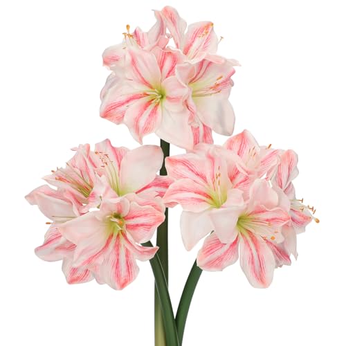 Oairse 3PCS Amaryllis Artificial Flowers 17.3 Inch Faux Amaryllis Lily Flowers Stems with 4 Heads Silk Floral Bouquet for Christmas Home Room Table Centerpiece Wedding Party Arrangements