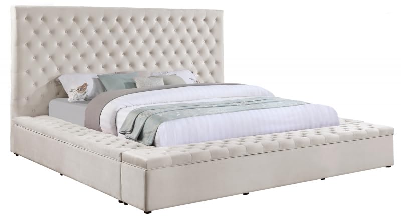 First of a Kind Modern Velvet Tufted upholstered Platform Storage Bed, Bed with deep Button Tufting and Storage Compartments in Rails and Footboard (
