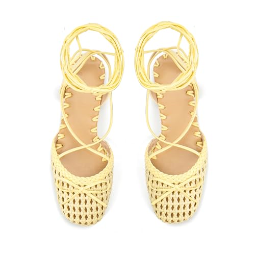 Image of Woven Ballet Flats for Women Lace Up Closed Square Toe Summer Flats Shoes
