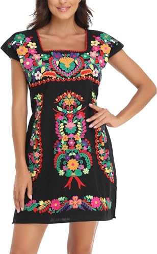 YZXDORWJ Women Mexican Embroidered Dress Ruffle Collar Sleeveless2