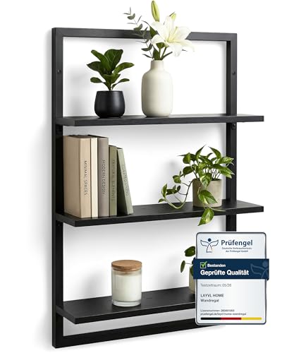 LAYVL HOME Wandregal Bambus mit schwarzen Metallrahmen 75x50x15cm hängendes Regal mit modernem Design Metall Holz Wand Schweberegal Regalwand Möbel für Wohnzimmer Küche und Bad (Schwarz)