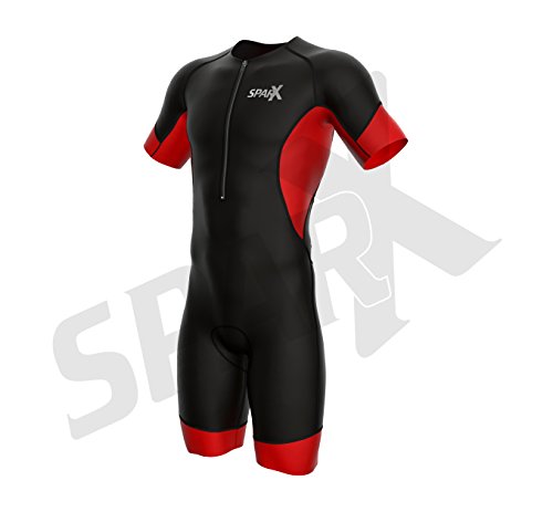 Sparx Men's Elite Sleeved Triathlon Suit Short Sleeve Trisuit SpeedSuit Skinsuit Swim-Bike-Run (Small, Black/Red)