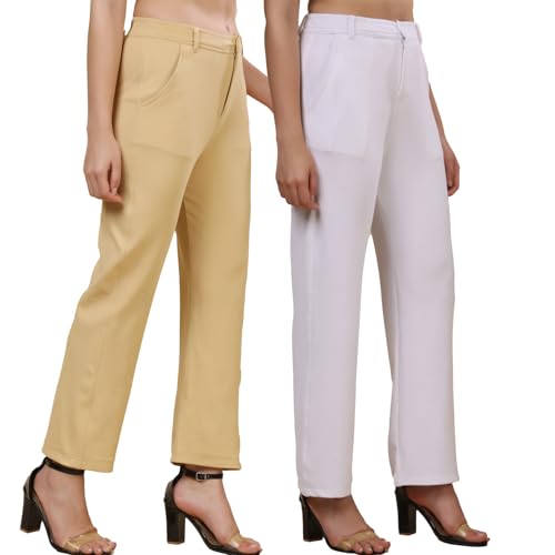 Image of Pack of 2 Women's Regular Fit Solid Cotton Blend Trousers - Soft, Breathable & Stretchable Bottom Wear for Office, Casual Outings & Daily Comfort