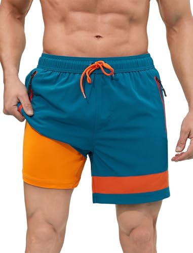 SILKWORLD Mens Swim Trunks with Compression Liner Quick Dry 6 in Bathing Suit Summer Swim Shorts with Zipper Pockets