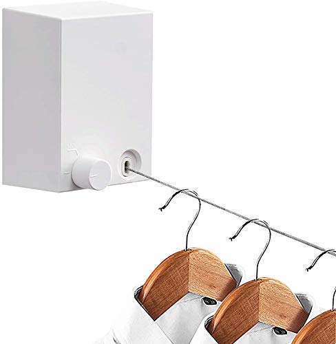 SharemeeRetractable Clothesline Heavy Duty Clothing Line for Drying Clothes Wall Mounted Stainless Steel Self Adhesive& Wall Mounted Laundry Line(13.8 Feet MAX) White
