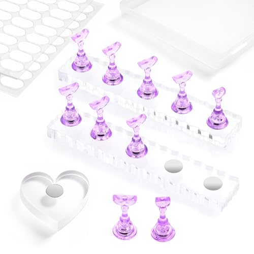 ESUOHYM Nail Stand For Press On Acrylic Strong Magnetic Nail Holder Kit For Painting Nails Tip Arts Display With 200PCS Double-Sided Tape And 1 Heart Shaped Acrylic Magnetic Presson Stands Nail Art Supplies