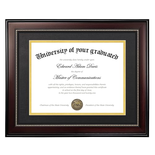upsimples 11x14 Diploma Frame with High Definition Glass, Display 8.5x11 Certificate with Black over Gold Mat, Degree Document Frame for Wall and Tabletop, Mahogany with Gold Beads, 1 Pack