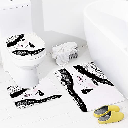 3 teiliges Badematten Set rutschfest U-FöRmige Duschvorleger,Teenager, barockes abstraktes Frauengesicht und gemusterter…