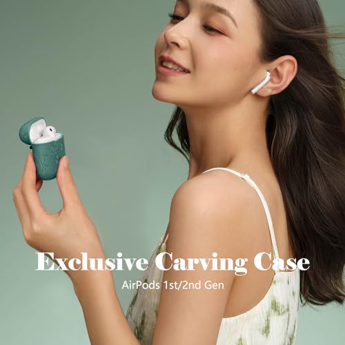 Maledan Flower Engraved Case Compatible with AirPods Case Cover, Cute Soft Silicone Shockproof Protective Case for Airpods 2nd & 1st Generation Case with Carabiner [LED Visible] for Women,A-PineGreen
