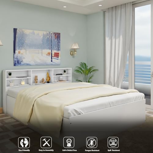 Image of VIKI Utility King Size Bed with Storage (70x80) | Engineered Wood Bed Frame for Bedroom | Modern Box Storage Cot | Frosty White Finish | Free Assembly | 1 Year Warranty