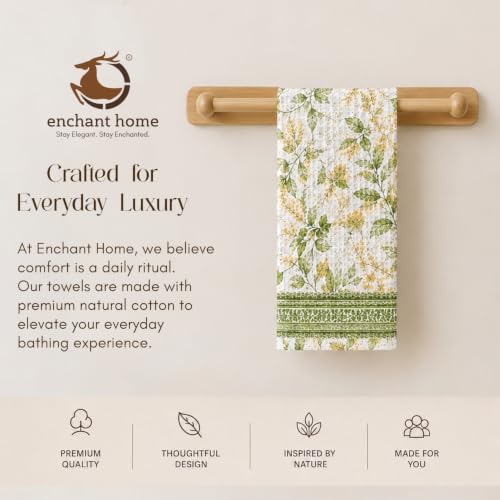 Image of Cotton Rich Printed Waffle Hand Towel | Lightweight | Anti Microbial & Water Absorbent | Soft Touch Quick Drying Towels (Sage Botanical, Pack of 4)