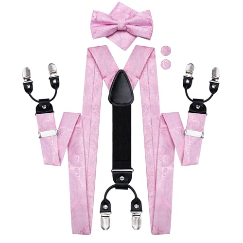 Image of Hi-Tie Mens Light Pink Suspender Set With Pre-Bow Tie Elastic Y Type 6 Clips Braces Tie Handkerchief Cufflinks 4Pcs for Wedding Party, Medium