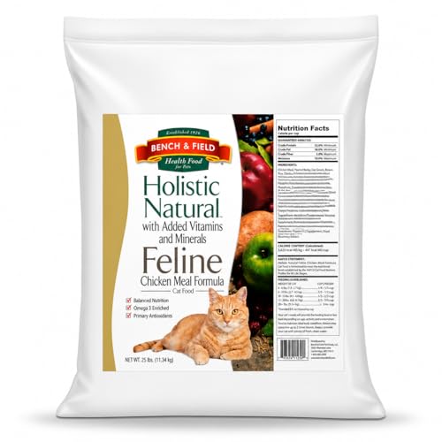 Bench & Field Holistic Premium Dry Cat Food, Chicken Meal & Brown Rice Recipe, Made Without Corn, Wheat, or Soy, All Life Stages, 25 lb Bag (Pack of 1)