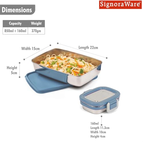 Image of SignoraWare Munch Mate Stainless Steel Lunch Box | Airtight & Leakproof | Durable & Compact | Easy to Carry | Ideal Tiffin for Office, School & Travel (850ml + 160ml | EBlue)