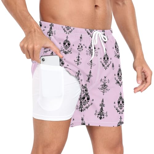 Bohemian Purple Black Elegant Skulls Swim Trunks for Men Men 2 Layer Beachwear with Phone Pocket Quick Dry Elastic S3