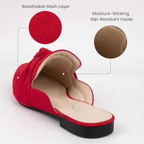 Image of MUSSHOE Mules for Women with Bow Knot: Pointed Toe Flats - Cloud-Cushion Suede Backless Loafers for Office & Casual Wear - Wide-Fit Friendly Slip On Slides with Memory Foam
