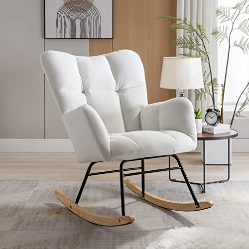 Image of Nursery Rocking Chair for Baby, Indoor Velvet Fabric Nursing Chair, Modern Upholstered Glider Rocker Armchair with High Backrest for Bedroom Office Living Room (White)