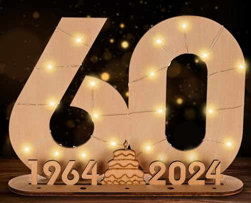 Giftota 2024 Originale Libro Degli Ospiti in Legno per Uomo e Donna - 60 Anni Regali Creativi in Denaro - Regalo di Compleanno in Legno per il 60° Anniversario con Luci LED - DIY Decorazioni in Legno