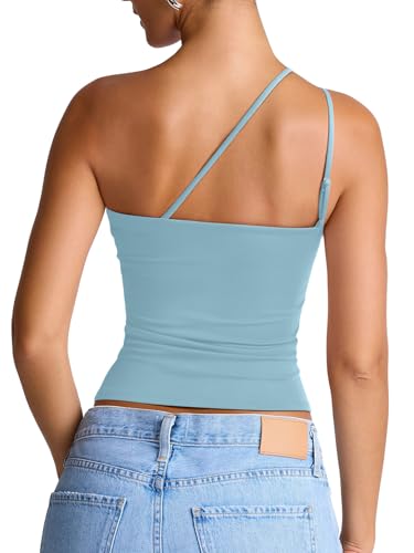 REORIA Off the Shoulder Tops for Women Summer Sleeveless Sexy Going Out Tank One Shoulder Top 2026 Trendy Clothes Blue Medium — view 2