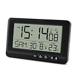 Lafocuse Digitaler Funkwecker mit Nachtlicht, Batteriebetrieben, Snooze, Temperaturanzeige und Kalender, Duale Alarme, 12/24HR für Nachttisch Wohnzimmer Schlafzimmer, Schwarz