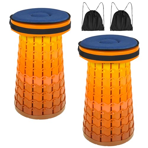 2 Pack Upgraded Folding Stool 19.7' Collapsible Stool Height Max Weight 1000lbs Portable Telescoping Seat with Cushion and Storage Bag,Retractable Folding Chair for Camping Hiking Outdoor BBQ-Orange