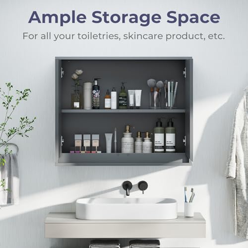 COSTWAY Bathroom Mirror Cabinet, Wall Mounted Storage Cupboard with Shelf, Home Kitchen Living Room Display Organiser Unit (Smaller Double Door, Grey) - Cosy Home Interiors COSTWAY Bathroom Mirror Cabinet, Wall Mounted Storage Cupboard with Shelf, Home Kitchen Living Room Display Organiser Unit (Smaller Double Door, Grey) - Image 4