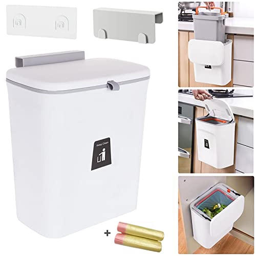 Hanging Trash Can with Lid for Under Sink or Cabinet Door, 2.4 Ga...