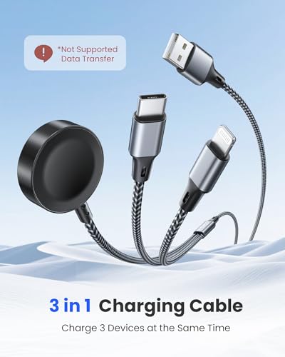 RAVIAD 3 in 1 Ladekabel für Apple Watch 1.2M, Multi USB Kabel mit Apple Watch Ladegerät, USB C, Lightning Kompatibel mit iWatch Ultra/SE/11/10/9/8/7/6, iPhone 17/16/15/14/13/12/11, Galaxy 2