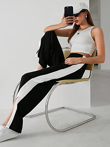 Image of Paralians Women Bottom Wear Side Seam Split Hem Polyester Sweatpants with Trendy Black and White Design Wide Leg Pants with Elegant and Relaxed Fit