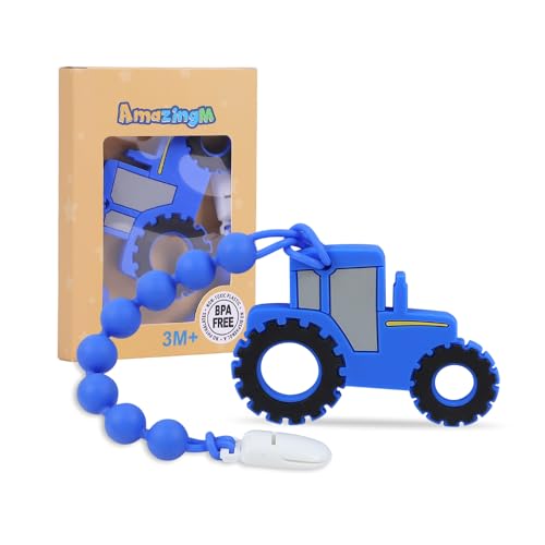 Image of Baby Food Grade Silicone Tractor Truck Teether Toy with Pacifier Clip Holder,Teething Toys Gift Set for 3 Months+ Boys and Girls,Freezer Safe,BPA Free. (Blue)