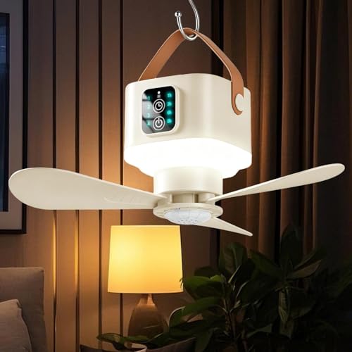 Ventilador de techo portátil para carpa con lámpara recargable 3600 mAh y mando a distancia 3