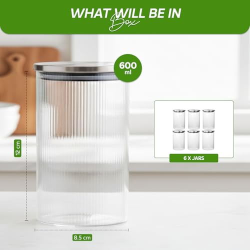 Image of amazon basics Fluted Glass Jars with Stainless Steel Lids, Set of 6, 600ml Decorative Kitchen Storage Containers for Snacks, Spices, Dry Fruits, Tea & Coffee