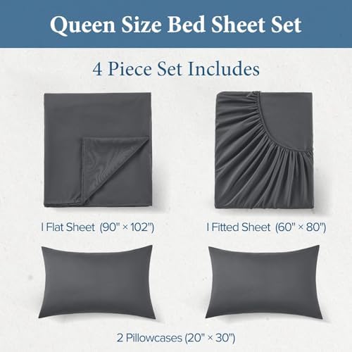 JOLLYVOGUE Queen Size Bed Sheet Set - 4 Piece Bed Sheets Set with Deep Pocket - Soft Breathable & Cooling - Resists Shrinkage & Fading Draps Queen - Easy Care (Dark Grey) - 4