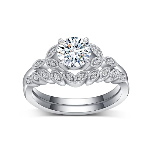 Vintage Leaf Wedding Ring Set for Women, 18K White Gold Platinum Plated Moissanite Engagement Ring Sets 925 Sterling Silver Bridal Ring Set Her Gift for Wedding Anniversary Christmas