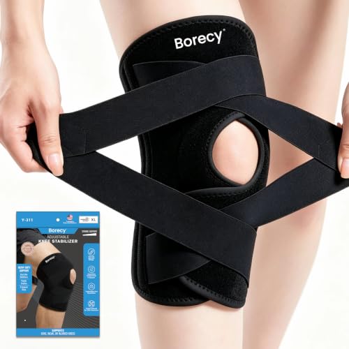 Borecy Knee Brace for Knee Pain, Meniscus Tear, Adjustable Knee Support with Side Spring Stabilizers for Meniscus Tear, ACL, MCL, Arthritis, Knee Pain Relief, Women and Men, Medium