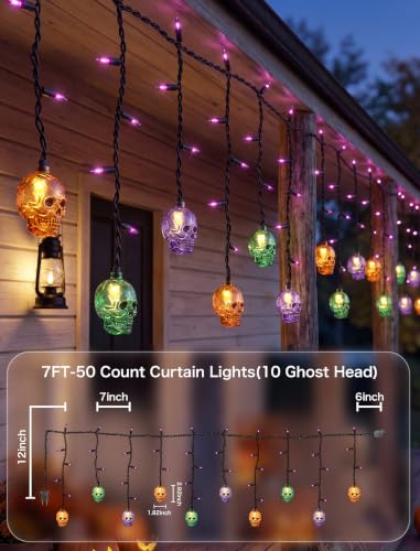 SUNSGNE 7FT 50 Count LED Halloween Skull Curtain Lights, Plug-in $13.22 AC - image 2