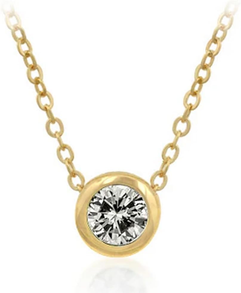 Classic Solitaire Round CZ Pendant Necklace, 18k Yellow Gold Plated, 16 Inch Chain, Bezel Set Crystal
