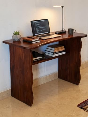 Image of Wooden Console Table for Living Room | Entryway Hallway Sofa & Fish Tank Table | Modern Curved Design with Open Storage Shelf | Decorative Display Stand Furniture | Brown Finish